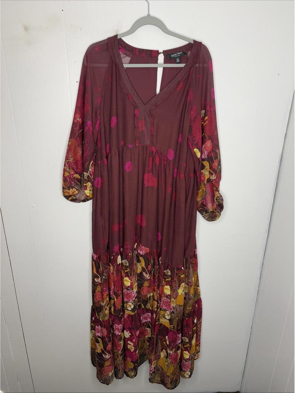 Arna York Dress Women 16 Burgundy Floral Lined Date Church Peasant Hippie tiered